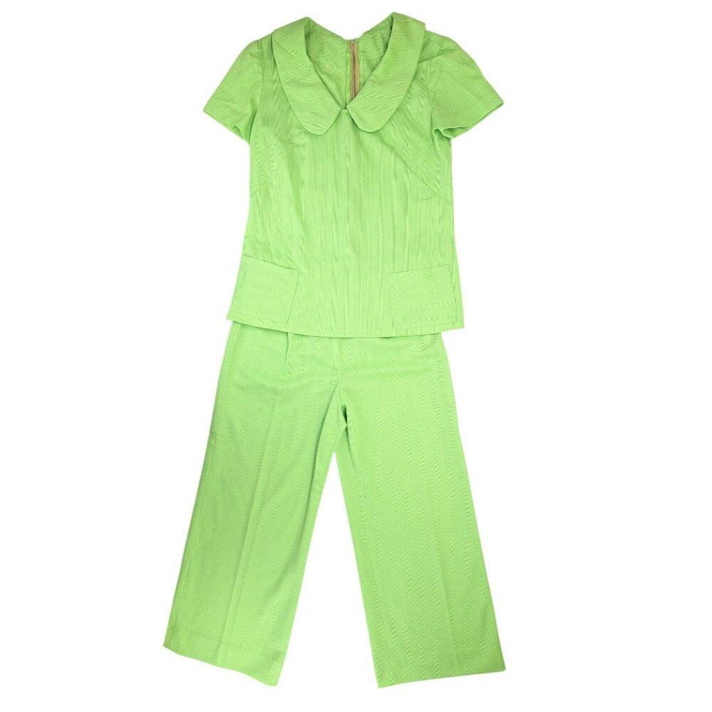 Vintage Handmade Pant Suit Polyester Top Crop Pants Women Large Green 2 Piece - Picture 2 of 16